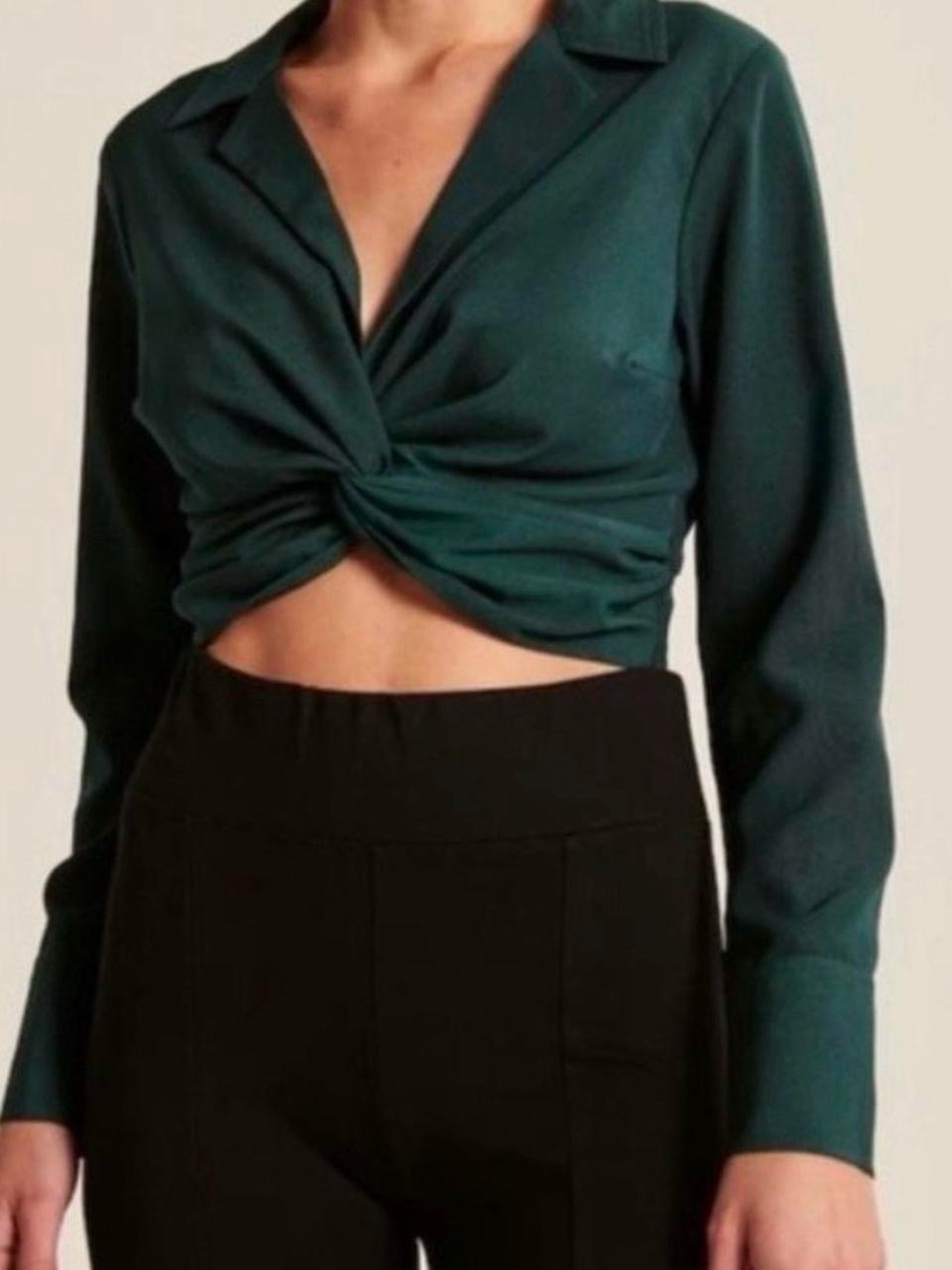 dark green twist knot long sleeve cropped blouse - abercrombie & fitch